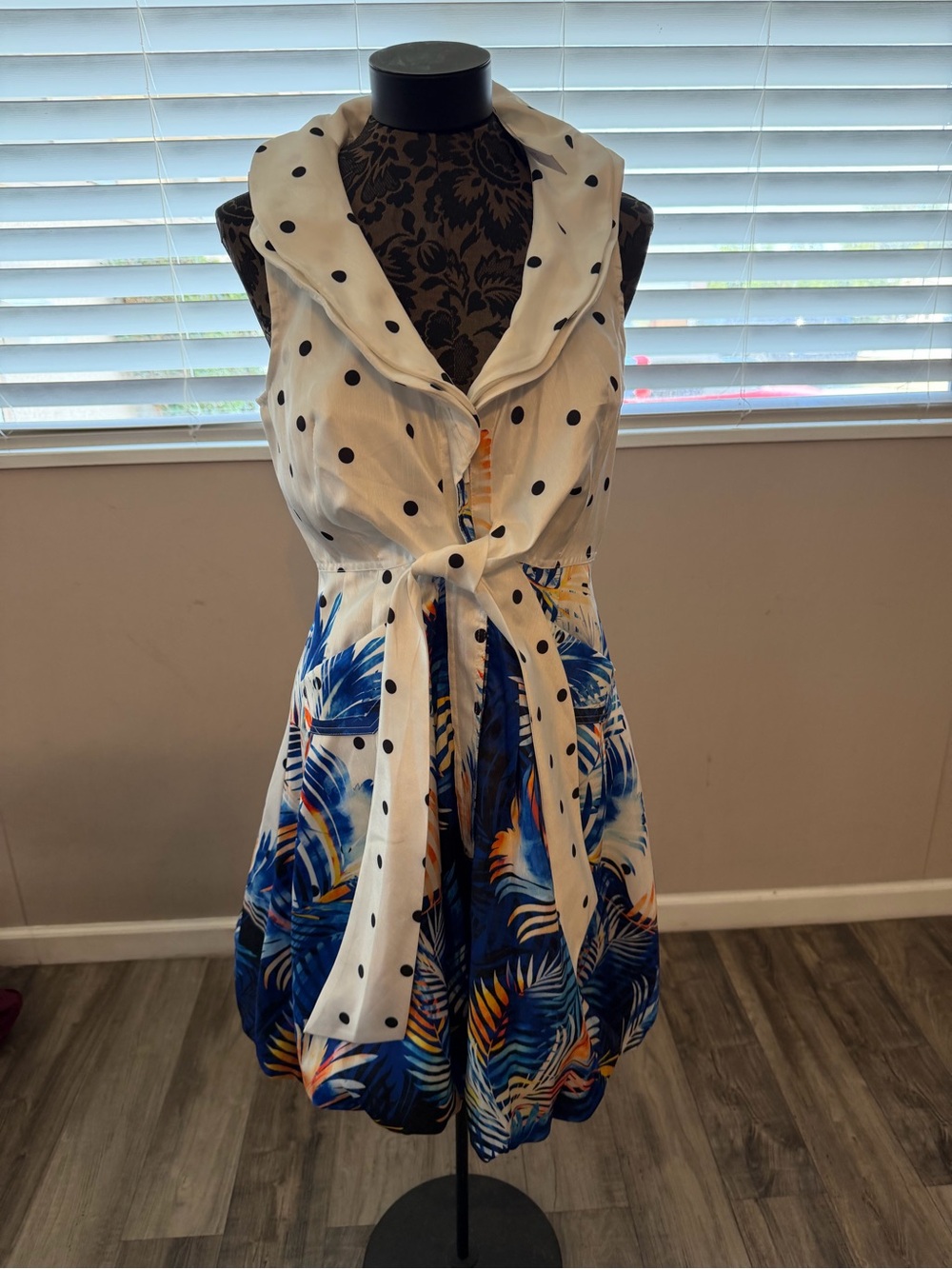 Samuel Dong Polka Dot Tropical Palm Print Bubble Dress White Blue‎ Small